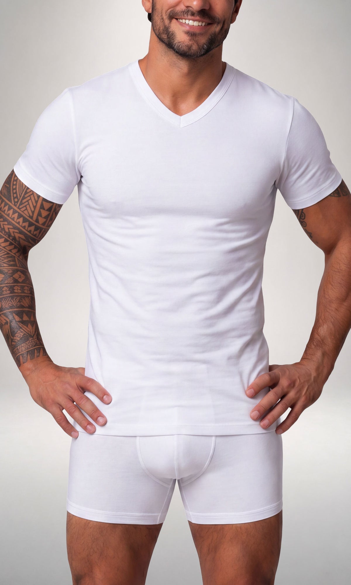 2 T-shirt scollo V caldo cotone + 2 Boxer Timeless uomo, bianco