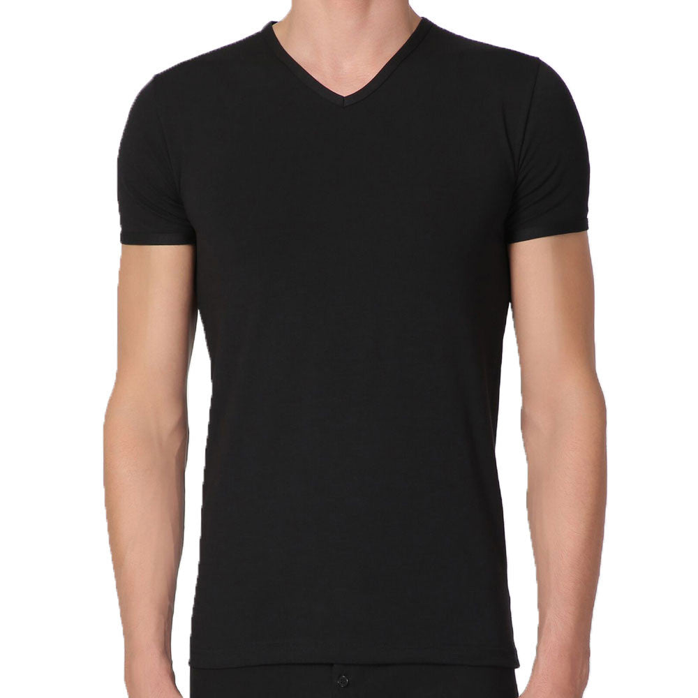 T-Shirt scollo V manica corta uomo - colore assortito (2 blu + 4 nero), multipack da 6, cotone elasticizzato