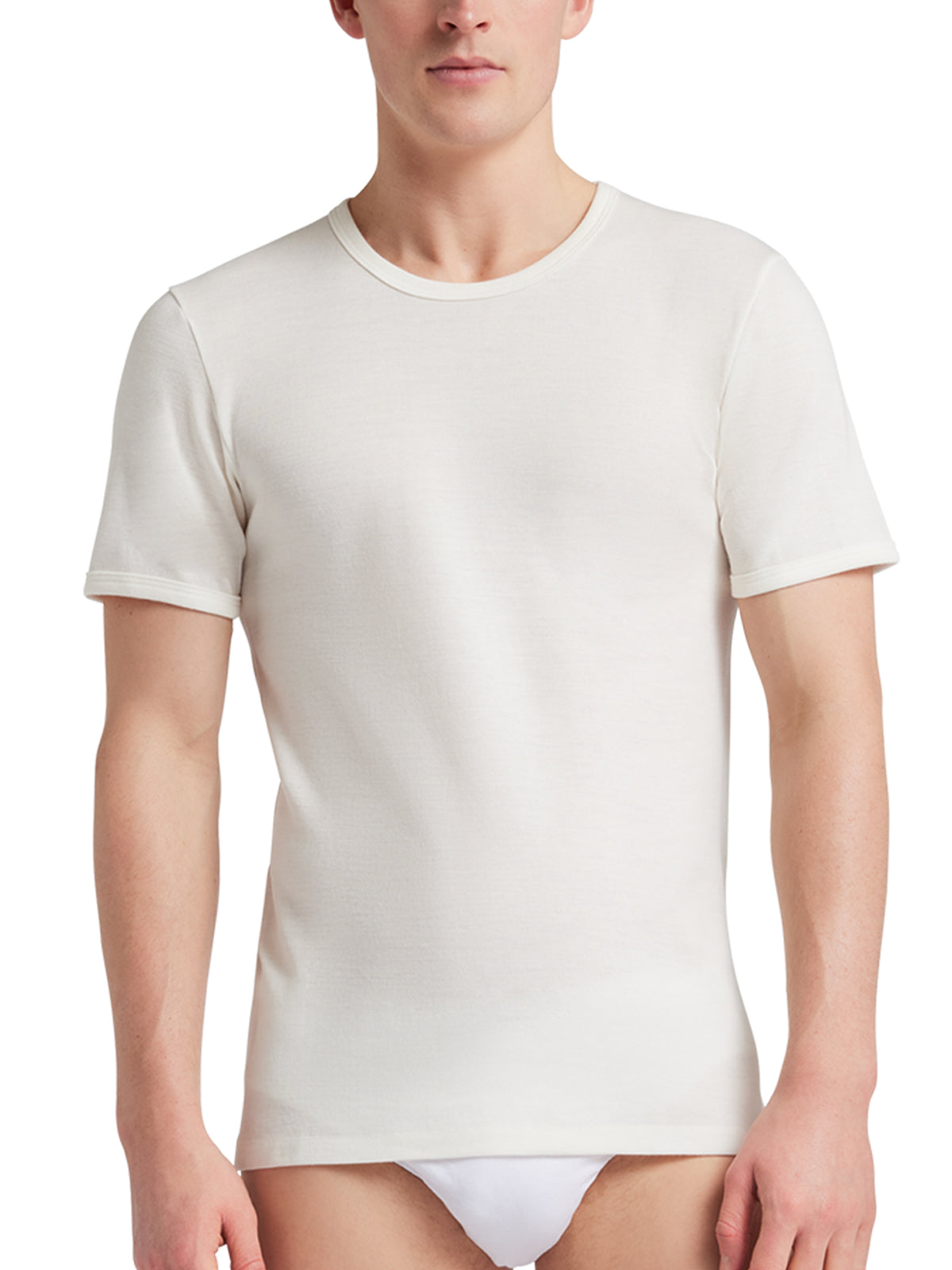 T-Shirt girocollo manica corta uomo, esterno 65% lana-interno 100% cotone