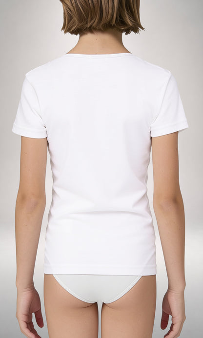T-shirt girocollo bordo raso manica corta bambina, caldo cotone