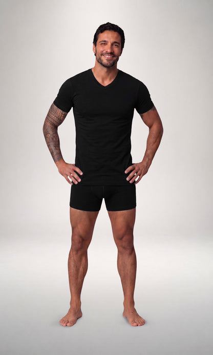 2 T-shirt scollo V caldo cotone + 2 Boxer Timeless uomo, nero