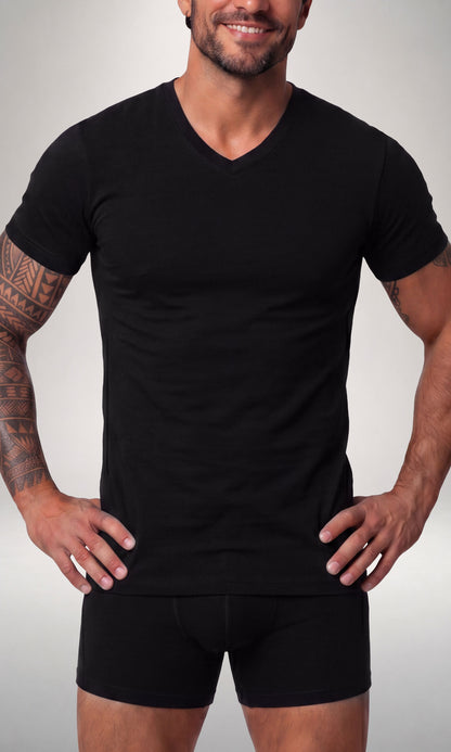 2 T-shirt scollo V caldo cotone + 2 Boxer Timeless uomo, nero