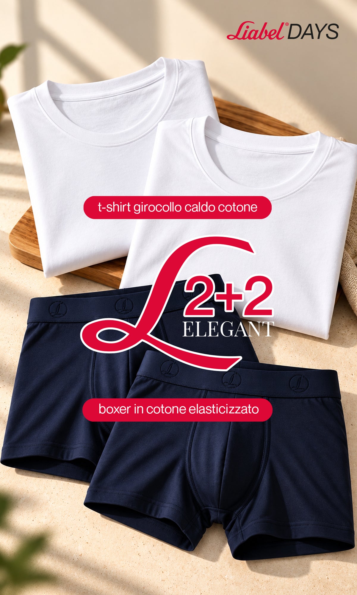 2 T-shirt girocollo caldo cotone + 2 Boxer Timeless uomo