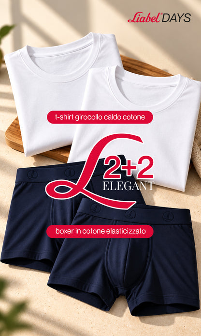 2 T-shirt girocollo caldo cotone + 2 Boxer Timeless uomo