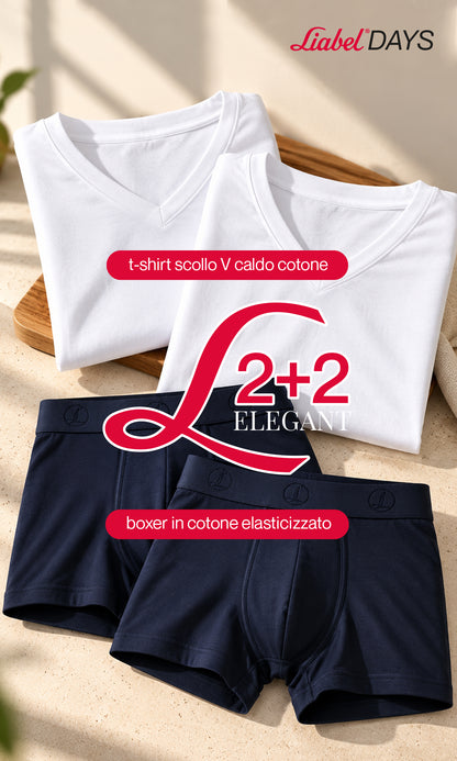 2 T-shirt scollo V caldo cotone + 2 Boxer Timeless uomo, bianco