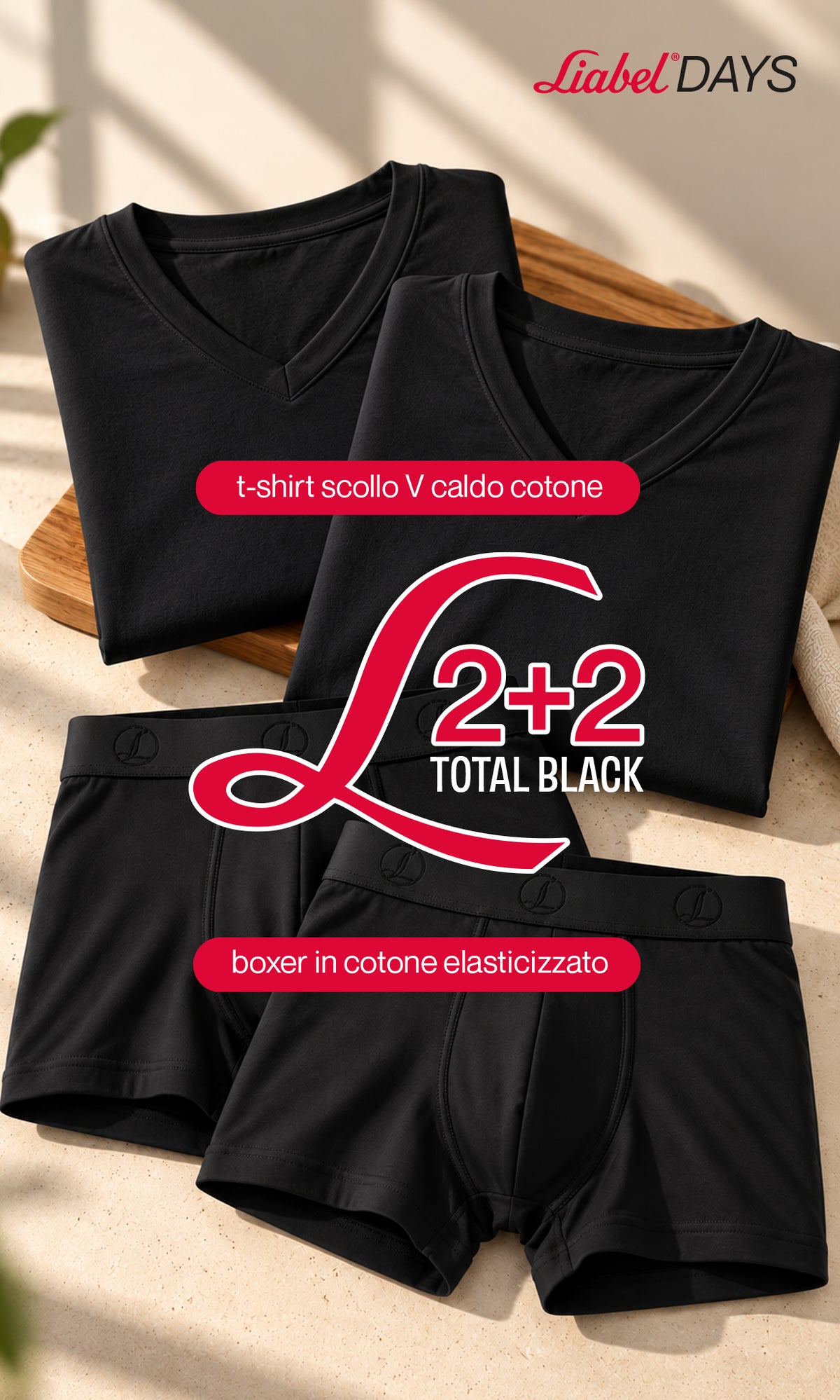 2 T-shirt scollo V caldo cotone + 2 Boxer Timeless uomo, nero