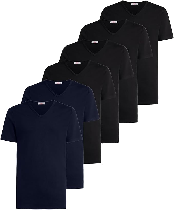 T-Shirt scollo V manica corta uomo -colore assortito (2 blu + 4 nero), multipack da 6, cotone