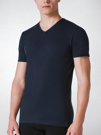 T-Shirt scollo V manica corta uomo - blu, multipack da 3, cotone elasticizzato