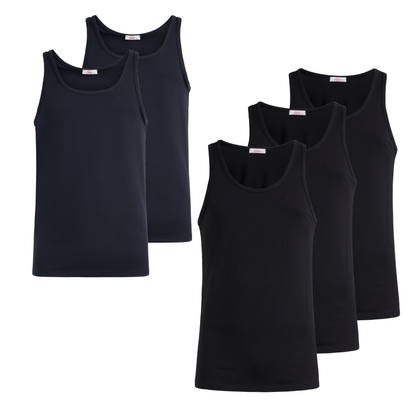 Canotta spalla larga uomo - colore assortito (2 blu + 4 nero), multipack da 6, cotone elasticizzato
