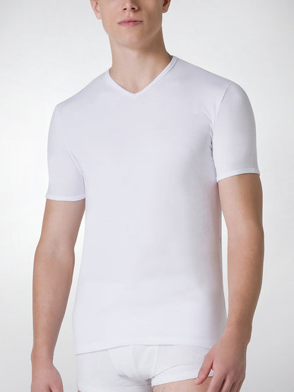 T-Shirt scollo V manica corta uomo - bianco, multipack da 6, cotone elasticizzato