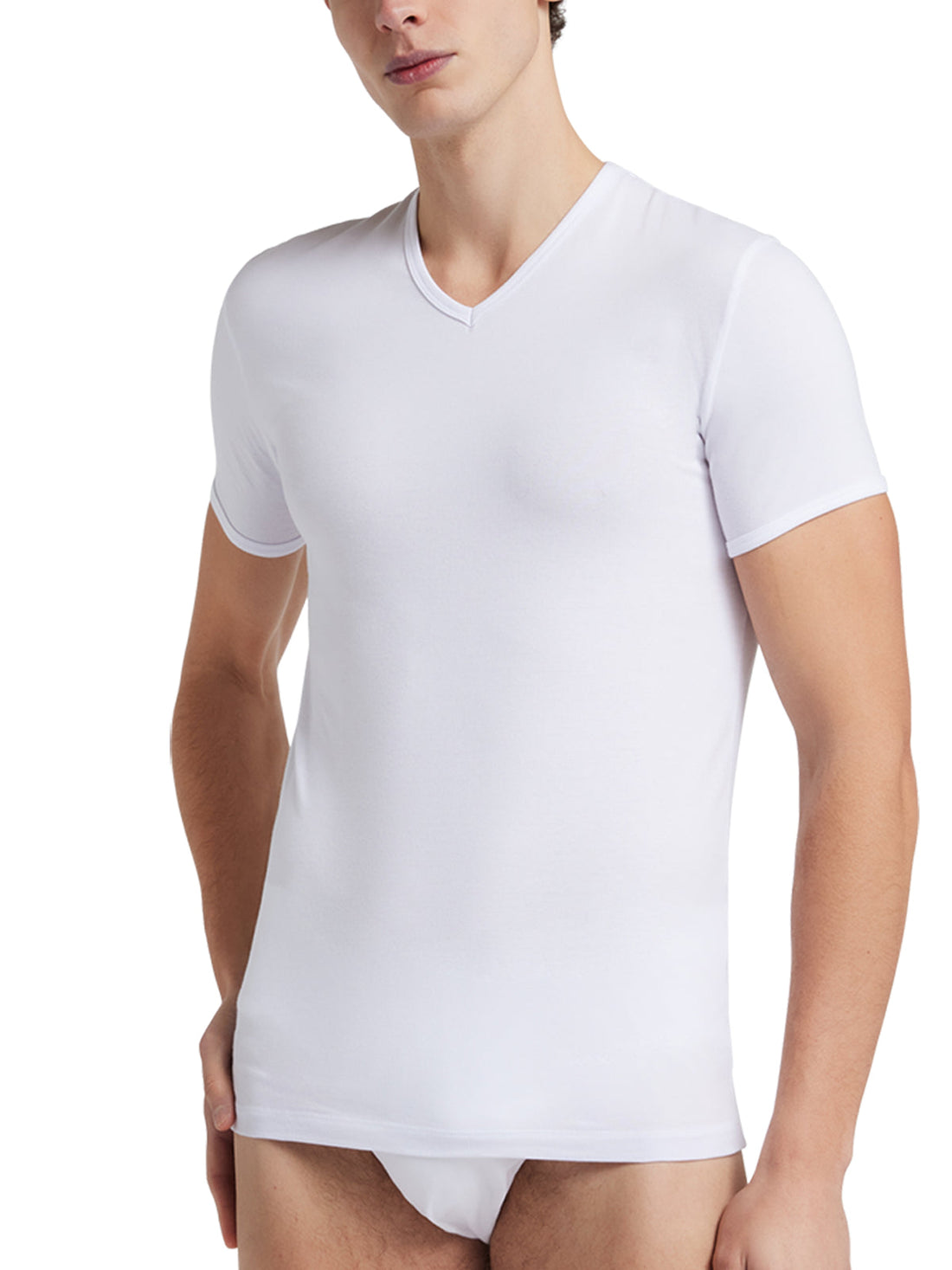 T-Shirt scollo V manica corta uomo - bianco, multipack da 6, cotone elasticizzato