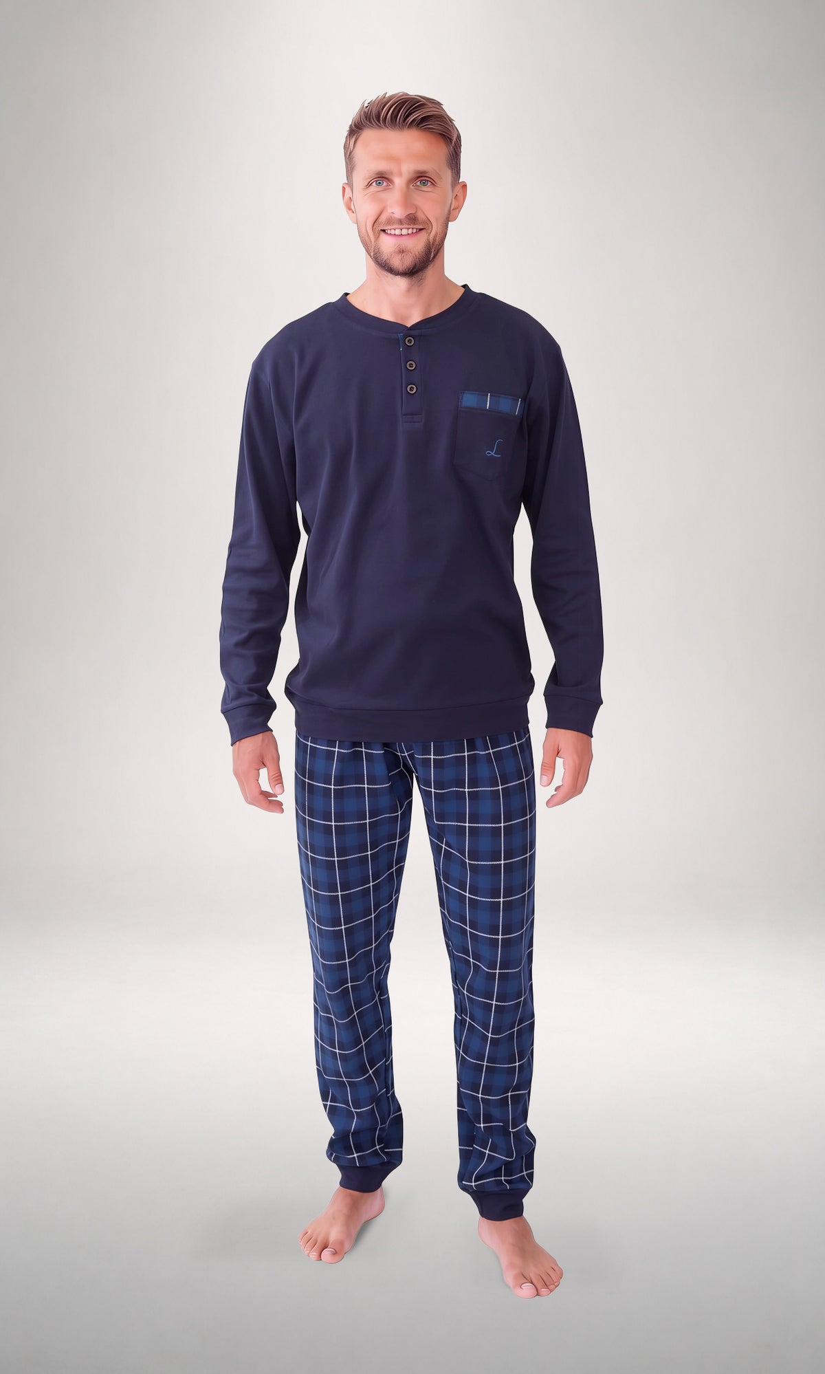 Pigiama serafino uomo pantalone scozzese, caldo cotone