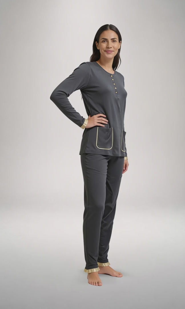 Pigiama serafino donna beige o antracite, caldo cotone